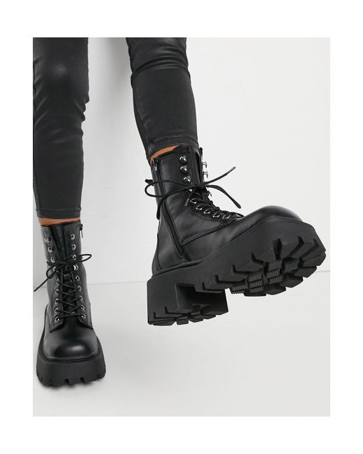 Truffle Collection Black Faux Leather Square Toe Chunky Lace Up Boots