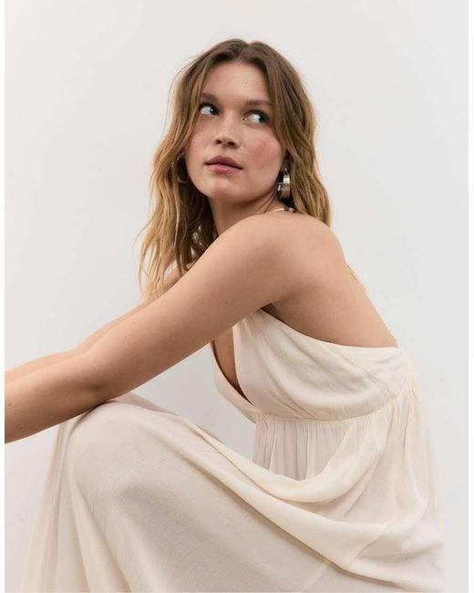 Stradivarius Natural Long Crepe Dress With Beading Straps