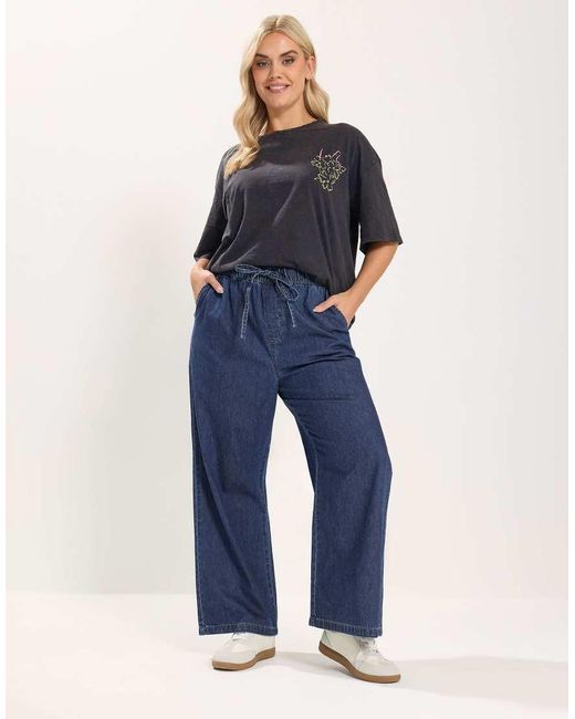 Yours Clothing Blue Pull On Wide Leg Jeans