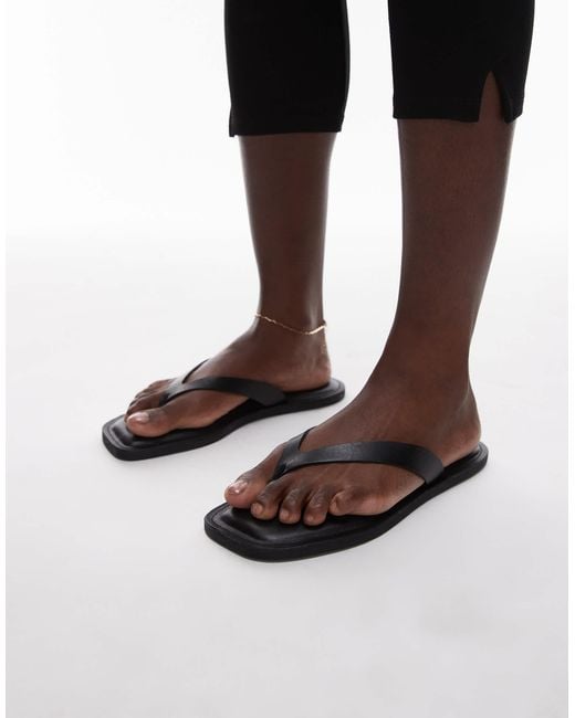 ARKET Black Real Leather Square Toe Chunky Thong Sandals