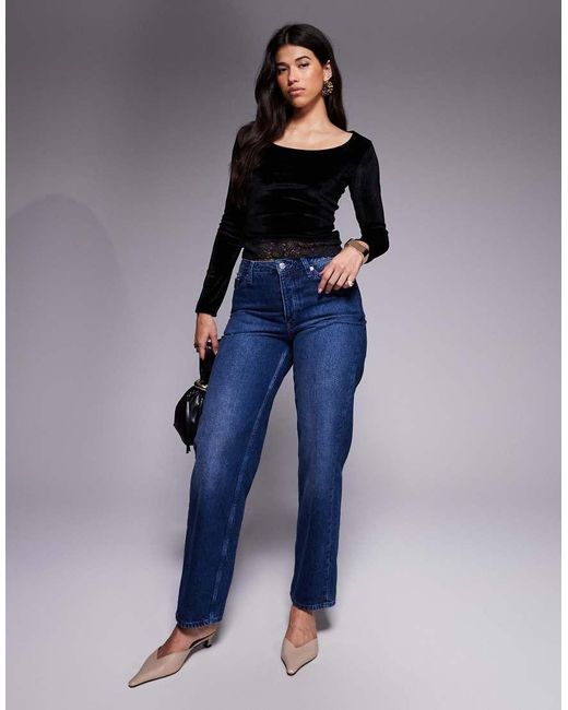 ASOS Blue Velvet Cord Scoop Neck Top With Lace Trim Hem Detail