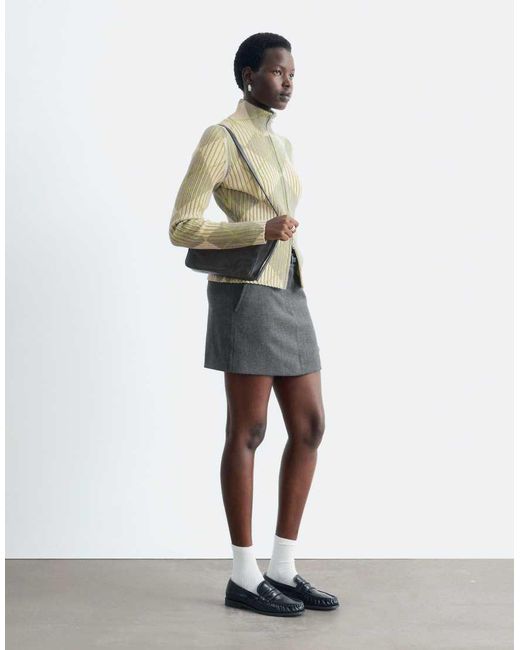 & Other Stories White Ribbed Zip Through Funnel Neck Cardigan With Argyle Design