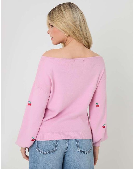 Threadbare Pink Cherry Embroidery Slash Neck Jumper