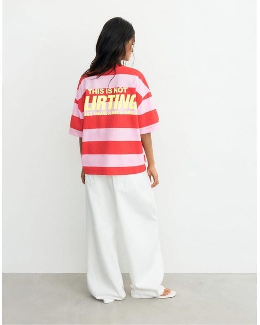 Pull&Bear Red Oversize Striped Graphic T-shirt