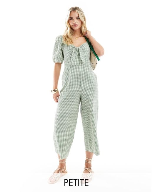 Nobody's Child Petite Green Simone Tie Puff Sleeve Gingham Jumpsuit