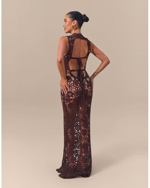 Wanderdoll Brown X Emma Milton Capria High Neck Sleeveless Crochet Lace Maxi Dress