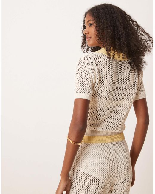ASOS White Co-ord Knitted Open Stitch Contrast Trim Polo Top