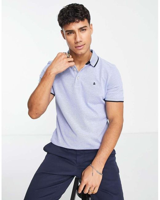 Jack & Jones Blue Essentials Slim Fit Tipped Pique Logo Polo for men