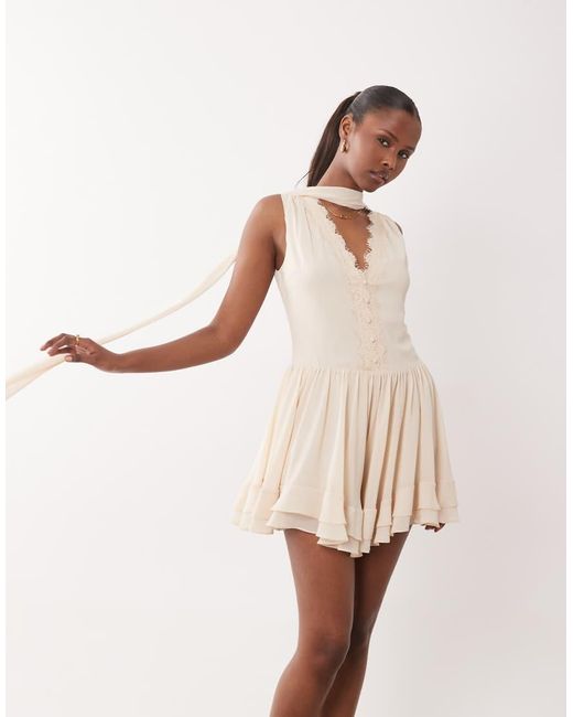 TFNC London Natural Chiffon V Neck Lace Detail Scarf Playsuit