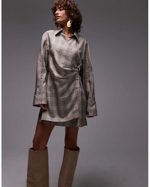 & Other Stories Gray – mini-hemdkleid mit grauen streifen und gerüschter wickelfront
