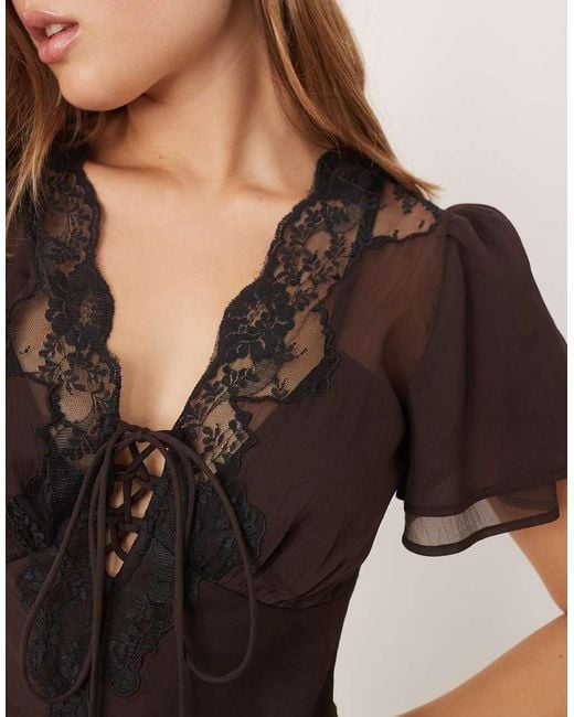 ASOS Natural Flutter Sleeve Tie Front Maxi Tea Dress With Lace Detail