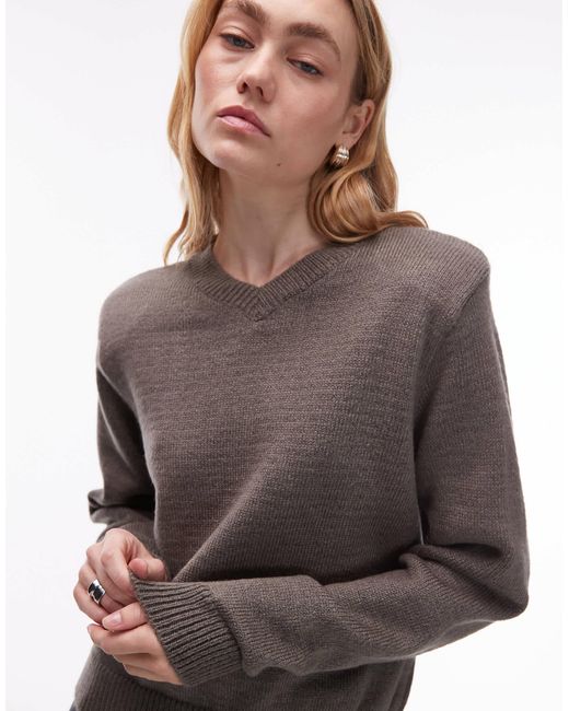 Pull à col v montant en maille avec épaulettes ASOS en coloris Gray