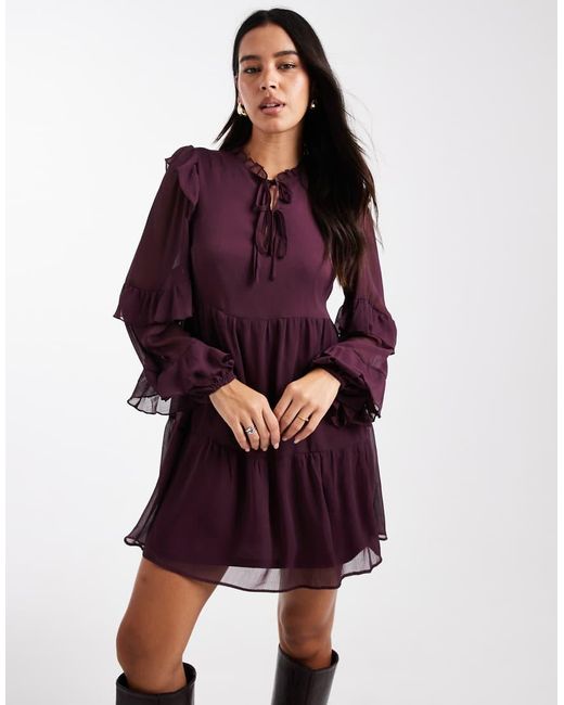 New Look Purple Ruffle Chiffon Long Sleeve Mini Dress