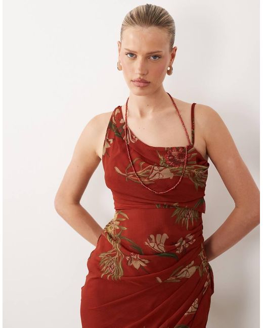 ASOS Red Draped Bodice Maxi Dress With Beaded Strap Detail And Open Back