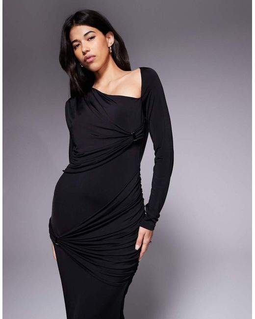 Ruched & Ready Sculpted Asymmetric Cut Out Hardware Detail Bodycon Maxi  Dress in Blue | Lyst UK