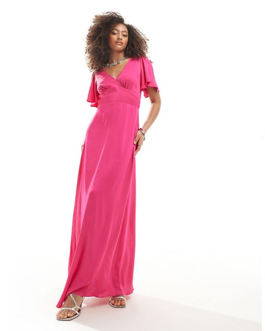 Maids To Measure Pink Bridesmaid Flutter Sleeve Maxi Dress
