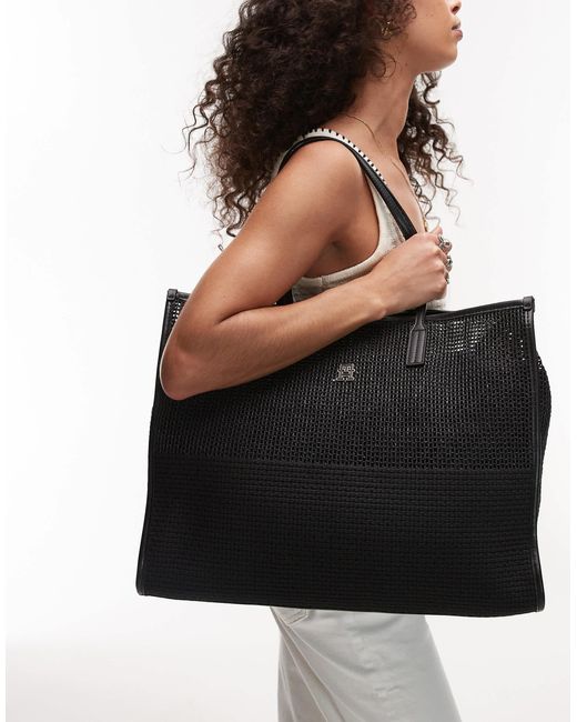 Tommy Hilfiger Black Woven Straw Large Tote Bag