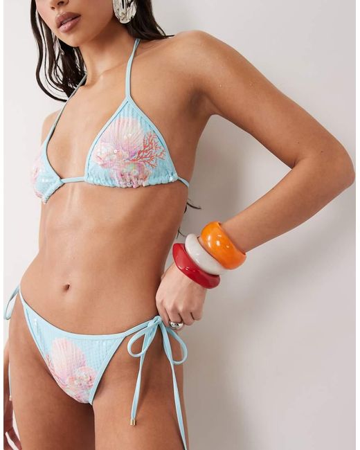 South Beach Blue Pink Shell Print Tieside Bikini Bottom