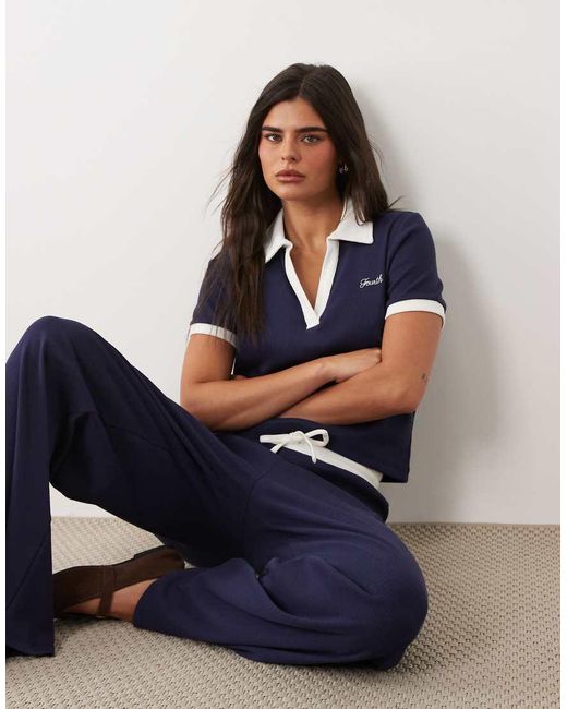 4th & Reckless Blue Cotton Ribbed Logo Front Collared Contrast Trim Polo Top Set