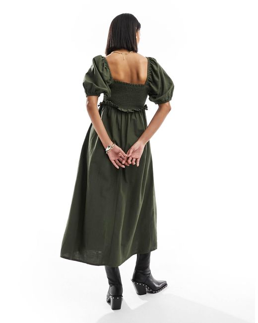 New Look Green Shirred Puff Sleeve Linen Blend Midi Dress