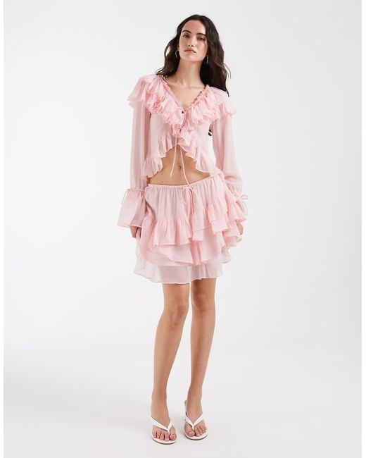 Muse Assembly Pink Boho Crinkle Chiffon Ruffle Tie Front Top
