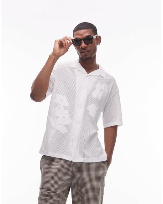 Topman White Oversized Fit Open Knit Floral Patch Button Down Polo Shirt for men
