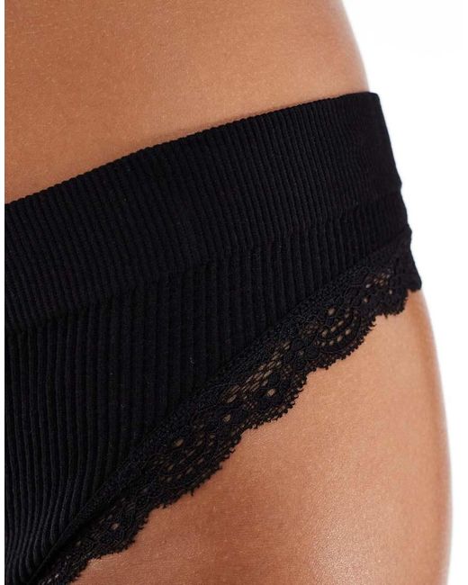 New Look Black Lace Edge Ribbed Seamless Lingerie Thong