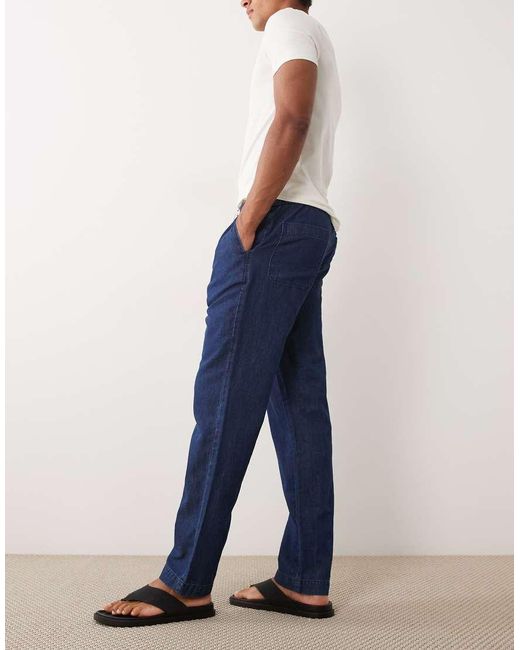 Mango Blue Linen Blend Denim Look Draw String Trousers for men