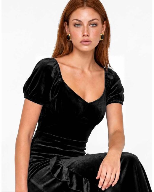 Maya Black Short Sleeve Scoop Neck Ruffle Velvet Maxi Dress