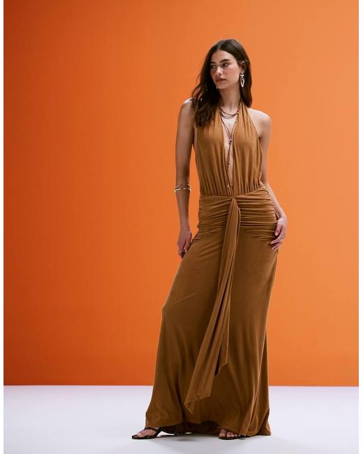 AFRM Blue Faux Suede Halter Neck Maxi Dress With Tie Front