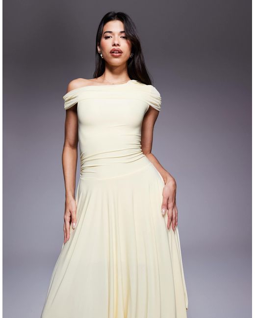 Kaiia Blue Exclusive Double Layered Slinky Asymmetric Drape Detail Drop Waist Fairy Hem Maxi Dress