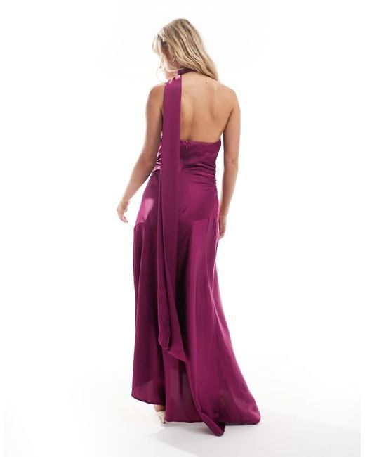 TFNC London Purple Bridesmaids Satin Asymmetric Maxi Dress With Scarf Neck