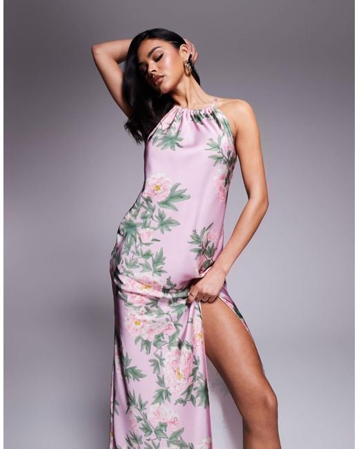 ASOS Women's Purple Satin Halter Neck Split Maxi Dress - thefunkyskunk.ie