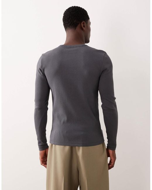 ASOS Gray Muscle Fit Long Sleeve Heavyweight T-shirt With Henley Neck for men