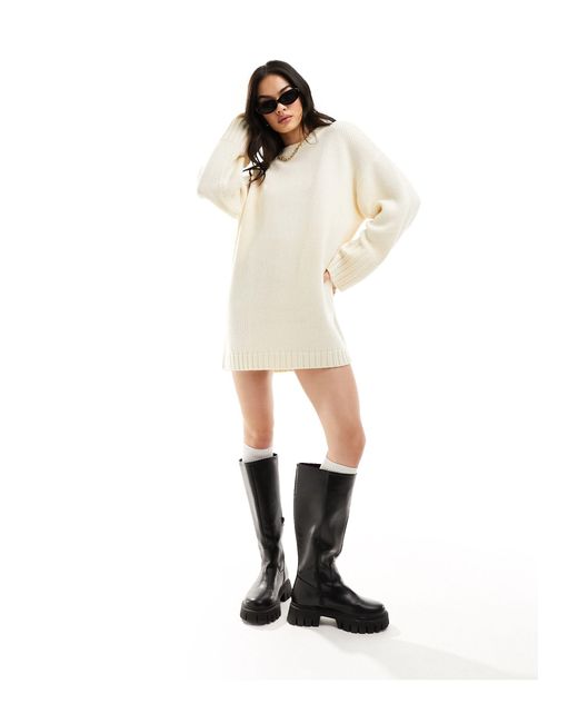 ASOS Natural Knitted Crew Neck Mini Dress With Wide Sleeve And Rib Hem