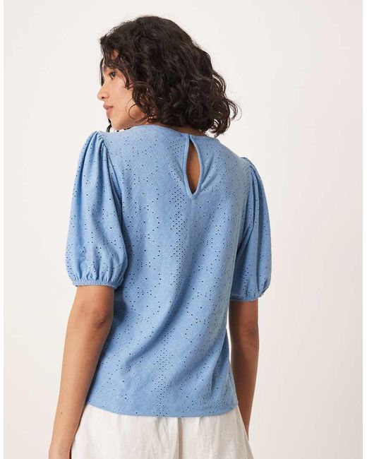 Vila Blue Broderie T-shirt With Puff Sleeve Detail