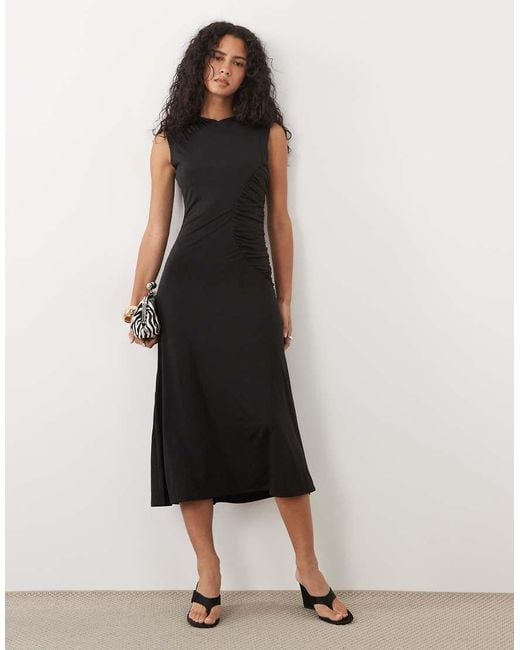 Mango Black Sleeveless Ruched Midi Dress