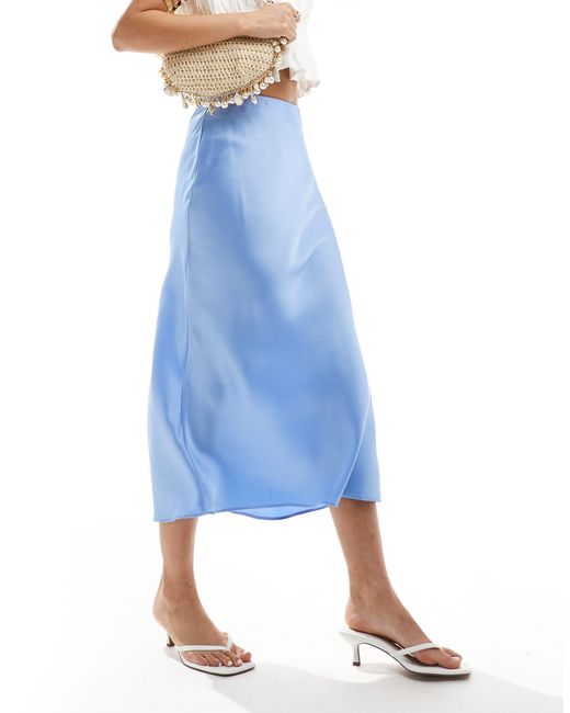 New Look Blue Satin Bias Midi Skirt