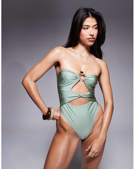 ASOS Green Holly Bandeau Swimsuit With Bead Detail