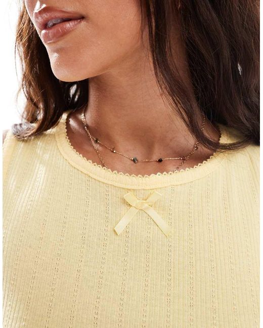 Pieces Blue Sleeveless Cropped Pointelle Top With Bow Trim
