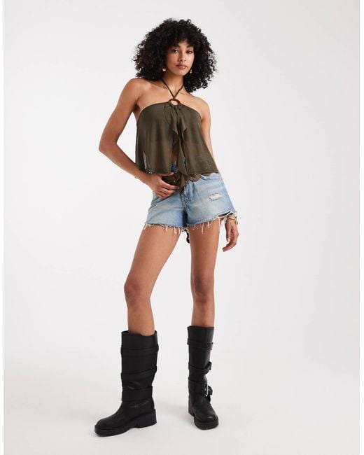 Miss Selfridge Brown O Ring Ruffle Split Front Top
