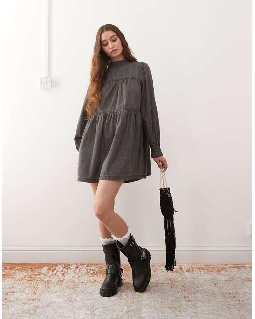 Miss Selfridge Gray Long Sleeve High Neck Dress