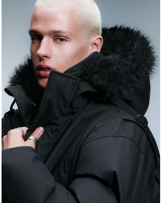 Weekday Black Oversized Parka With Faux Fur Hood for men