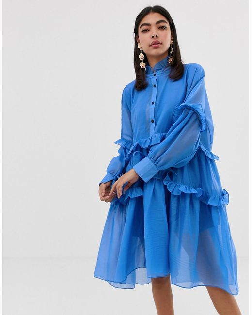 Sister Jane Blue Shirt Smock Dress With Ruffle Layers