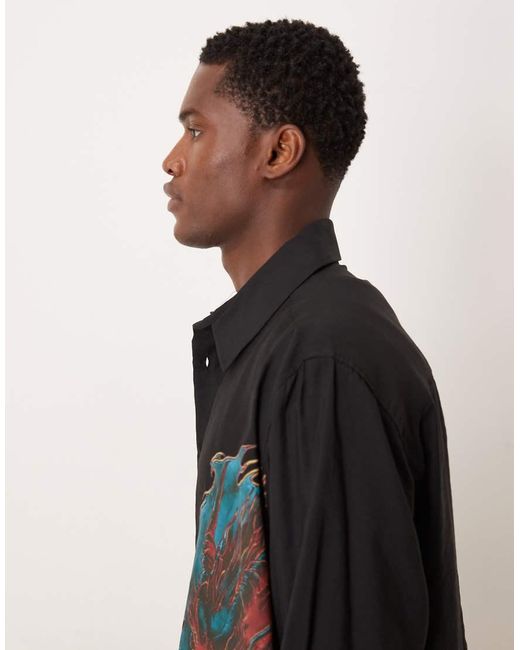 ASOS Black Oversized Square Collar Shirt With Dragon Print for men