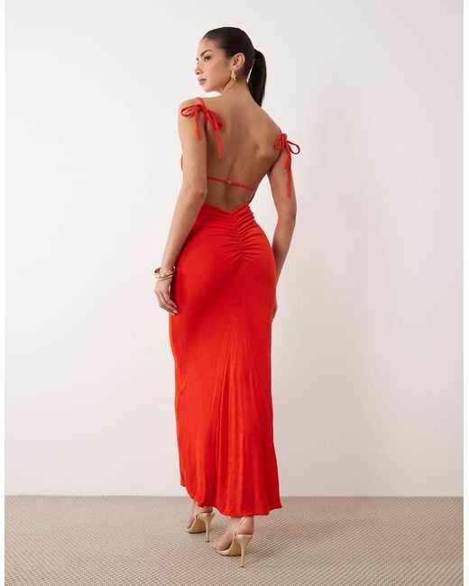 Oh Polly Red Tie Shoulder Asymmetric Maxi Dress