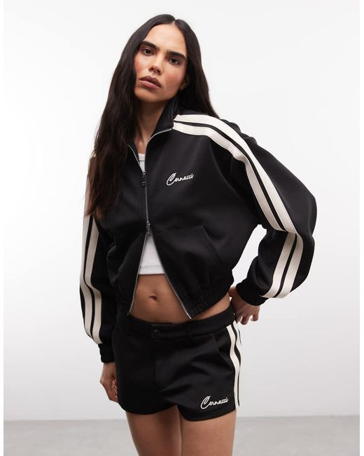 CERNUCCI Black Funnel Neck Cropped Logo Jacket Co-Ord With Side Taping