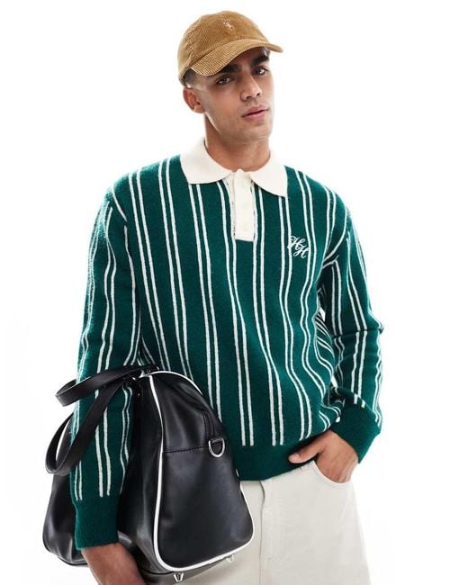 Bershka Green Stripe Knitted Polo for men