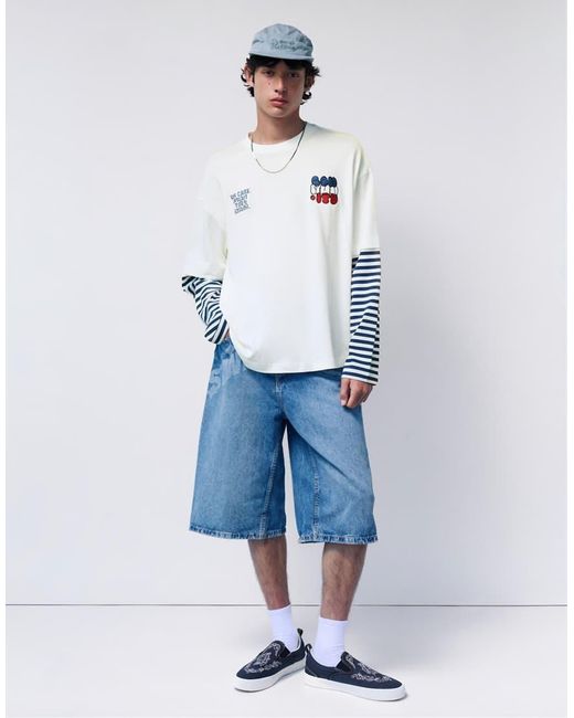 Pull&Bear White Stwd Double-sleeve Striped T-shirt for men
