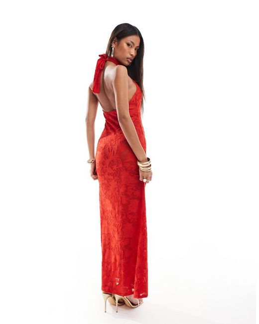 ASOS Red Sheer Burnout Halterneck Maxi Dress With Low Back